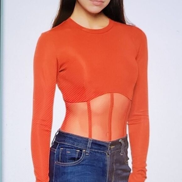 BRAND NEW LONG SLEEVES MESH INSERT HIGH NECK SOLID SHEER THONG SNAP BODYSUIT - Picture 2 of 16